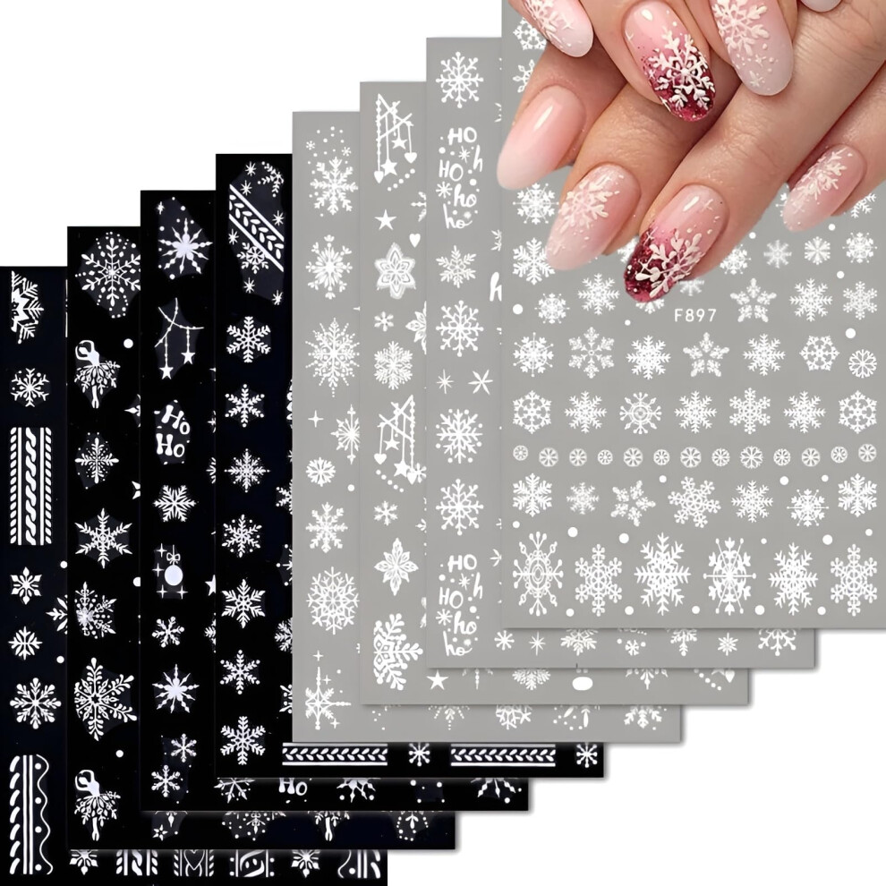 White 8 Sheets Christmas Nail Art Stickers With 3D Snowflake Decals For Festive Winter Nails