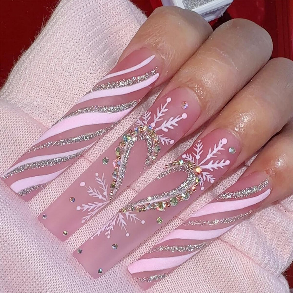 Christmas Coffin Press On Nails Long Winter Fake Nails with Snowflake and Rhinestone Glitter