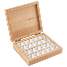 Wooden Watercolor Paint Palette Tray with 24pcs White Washable Half Pans, Grids, 4.5"x4.1"x1.1", Portable Case for Artists, Students, Travel