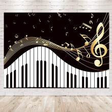 Piano Theme Backdrop 7Wx5H Photography Golden Musical Notes and Piano Keyboard Elegant Modern Trendy Background