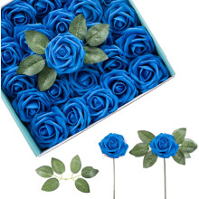 Roseryhub Artificial Blue Roses, Real-Looking Fake Flowers with 8 Leaves, 50-Piece Set for DIY Home Decor, Weddings, Gifts – Compatible with craft