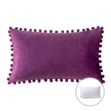 Phantoscope Velvet Series Pom Pom Rectangle Decorative Throw Pillow, 12" x 20", Dark Purple, 1 Pack