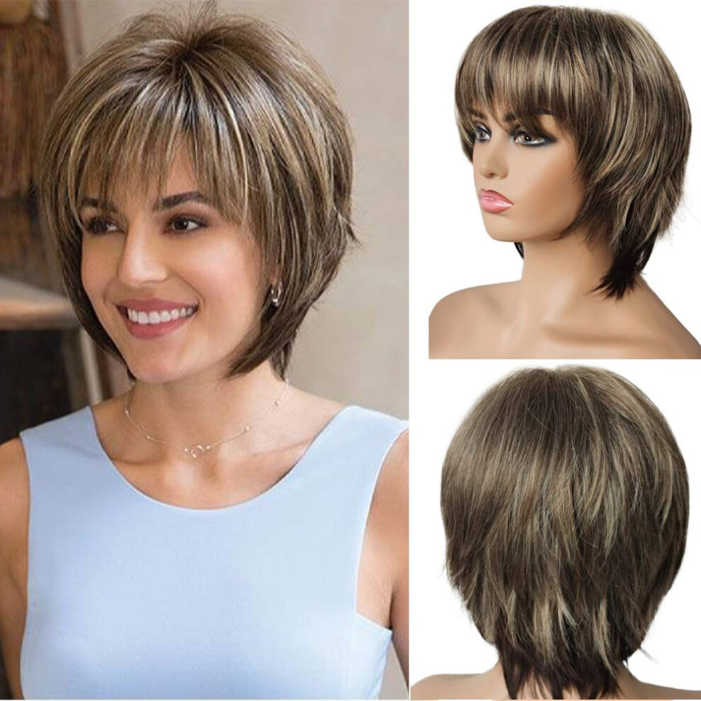 Blonde Mixed Brown Layered Synthetic Wig with Bangs for Women, Heat Resistant, Natural Look