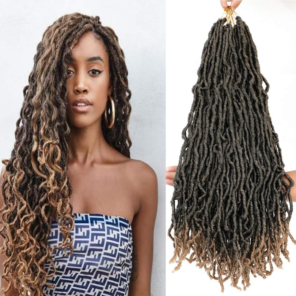 Unisex 24 Inch Faux Locs Crochet Hair, Prelooped Goddess Locs Extensions, Soft Wavy Synthetic Braids T1b/27