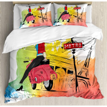 Retro Duvet Cover Set, Woman on Pink Motorcycle & Eiffel Tower Art Print, 3-Piece Bedding with 2 Pillowcases, Orange Red, Compatible with Paris Vogue