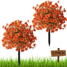 Artificial Outdoor Plants Set of 2, UV Resistant Faux Topiary Trees with Ground Spike for Fall Decor