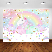 Rainbow Unicorn Backdrop 7x5ft, Compatible with Unicorn Birthday Party Photoshoot, Glitter Star Sky Decorations