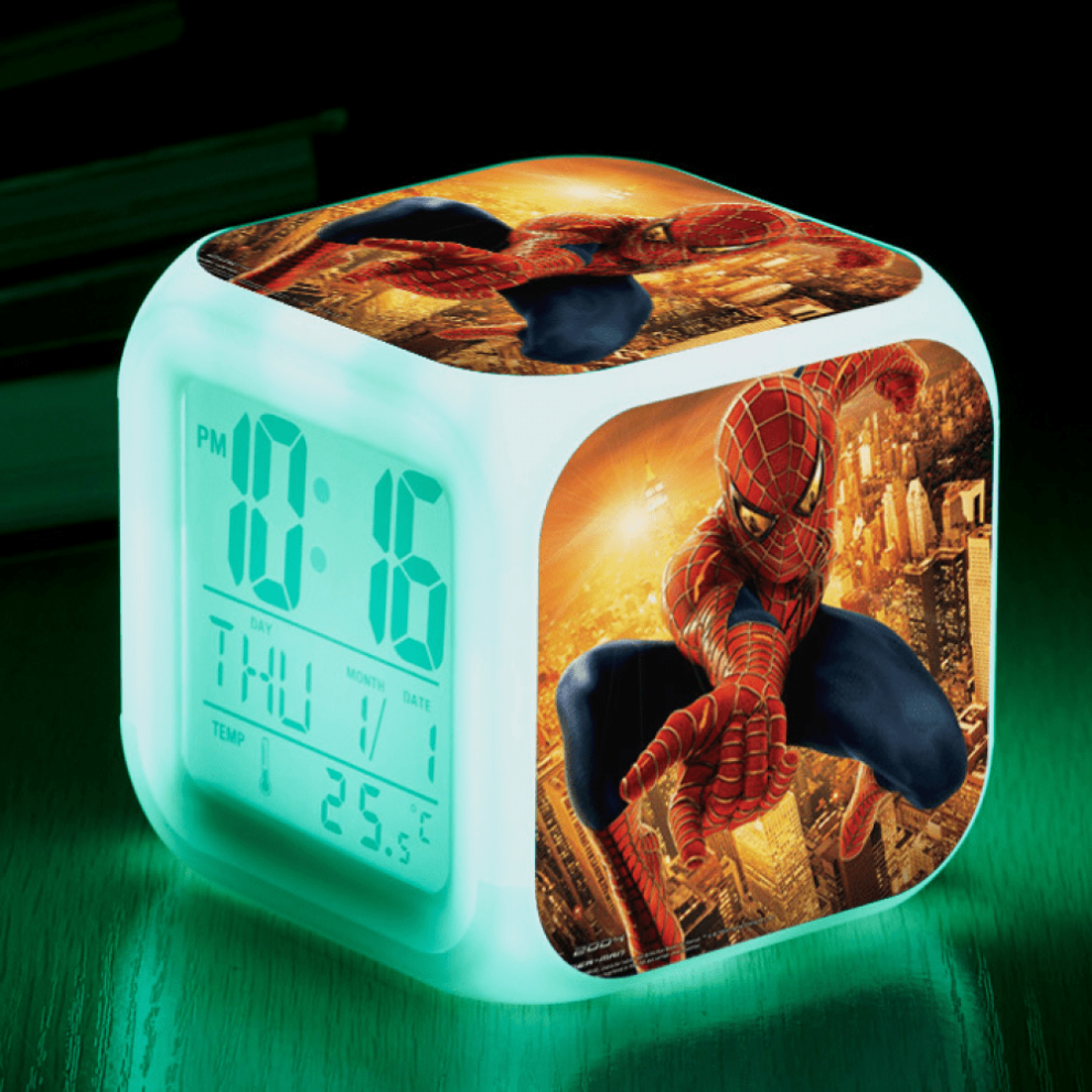Hanntaoo Digital Alarm Clock For Kids, Spider-Man Led Clock With Thermometer, Night & 7 Color Changing - Gift For Boys Girls Light
