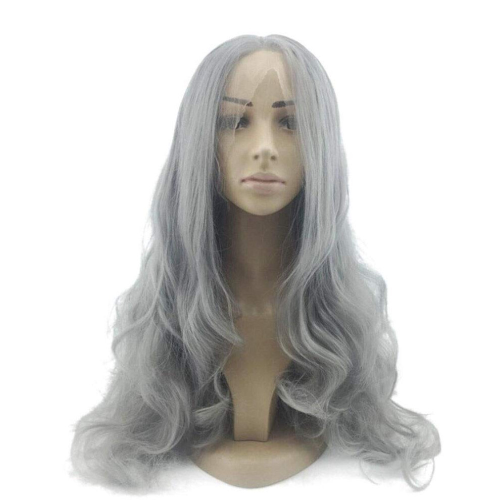 Lace Front Wig Long Curly Synthetic African Braid Gray Hair Natural Matte Realistic Look