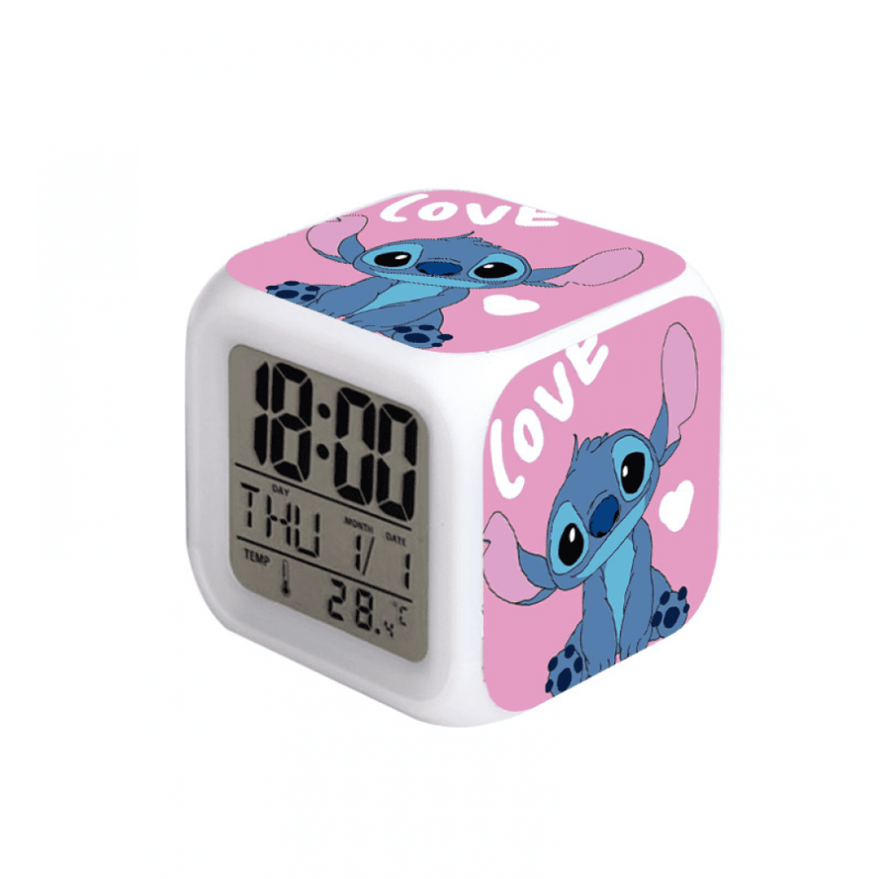 Hanntaoo Digital Alarm Clock For Kids, Cartoon Stitch 7-Color Led Wake-Up Clock With Thermometer & Night Gift For Boys Girls Light