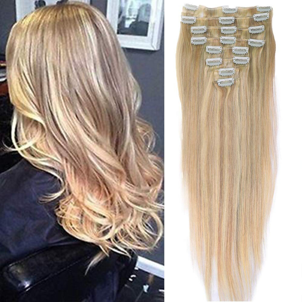 Unisex Clip In Human Hair Extensions Ombre Dirty Blonde To Bleach Blonde Remy 22 Inch Silky Straight