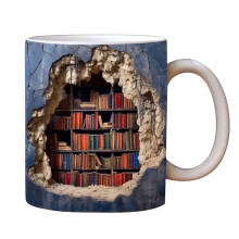 3D Bookshelf Coffee Mug 10 oz, compatible with library lovers, novelty space design white ceramic mug, Christmas gift for readers