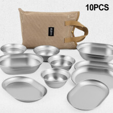 6/8/10 Pcs Outdoor Stainless Steel Plates and Bowls Set Dinnerware for Camping
