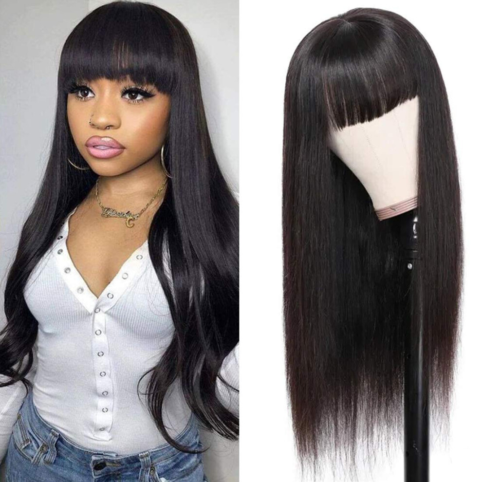 Unisex Black Human Hair Wig With Bangs Straight Brazilian 150% Density Preplucked Virgin Hair Natural 12 Inch
