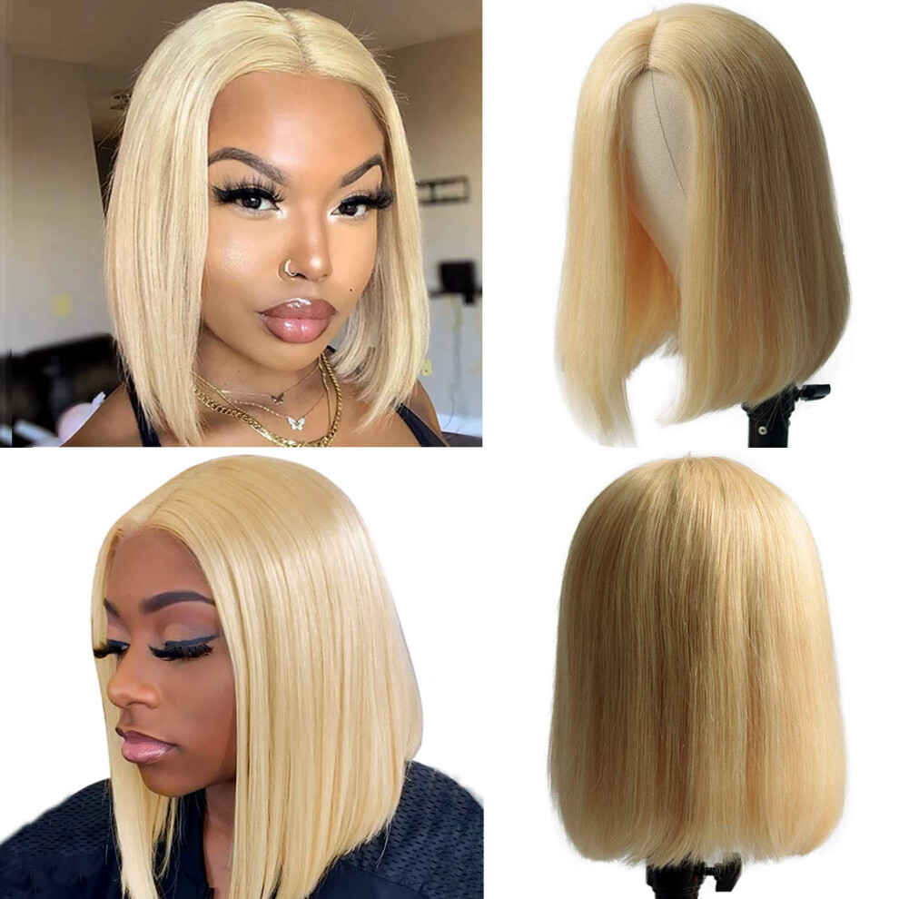 Unisex 8 Inch 613 Blonde Bob Wig Human Hair, Glueless No Lace Front, 180% Density Middle Part