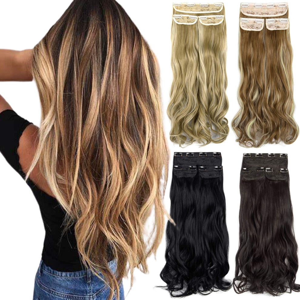 Unisex Brown Clip In Hair Extensions Double Weft Curly Wavy Full Head Synthetic Hairpieces Light Chestnut 1824''