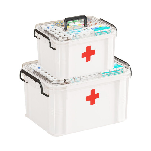 2Pack Lockable Medicine Storage Box with Handle, Dual Size First Aid Kit Organizer, White