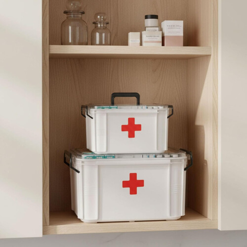2Pack Lockable Medicine Storage Box with Handle, Dual Size First Aid Kit Organizer, White 1