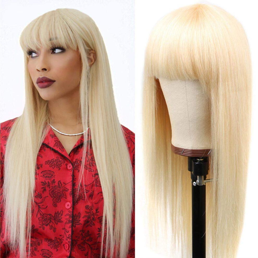 Unisex 613 Blonde Straight Human Hair Wig With Bangs 22 Inch Brazilian Virgin Glueless Ready To Wear