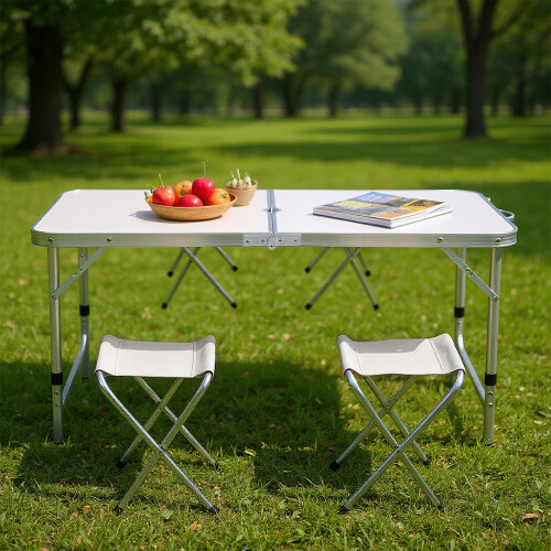 Living And Home Folding Picnic Table with 4 Stools Portable Lightweight Aluminum Table Stools Set