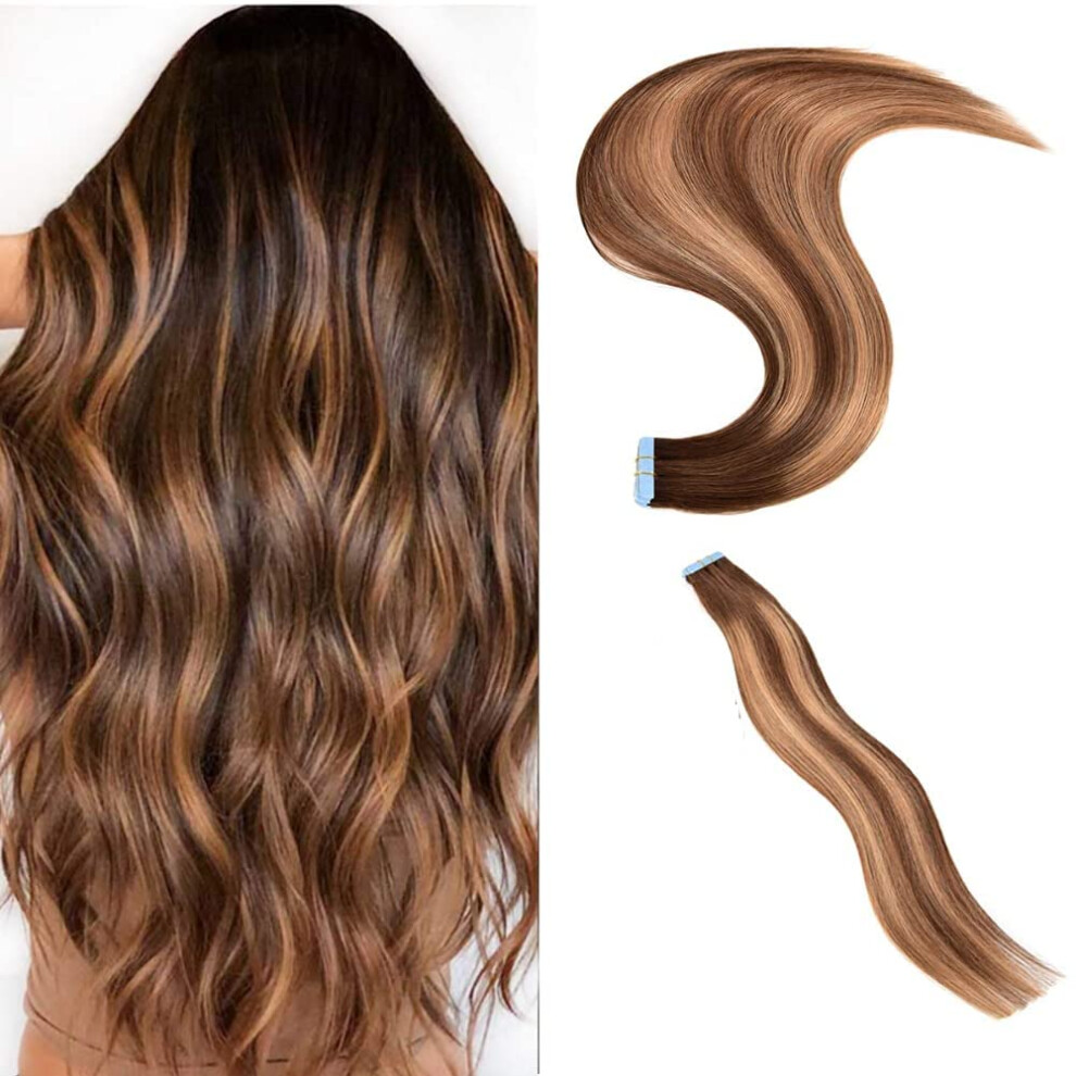 Unisex Brown 20 Inch Tape In Hair Extensions Chocolate Caramel Blonde Ombre Remy Human Hair Silky Straight