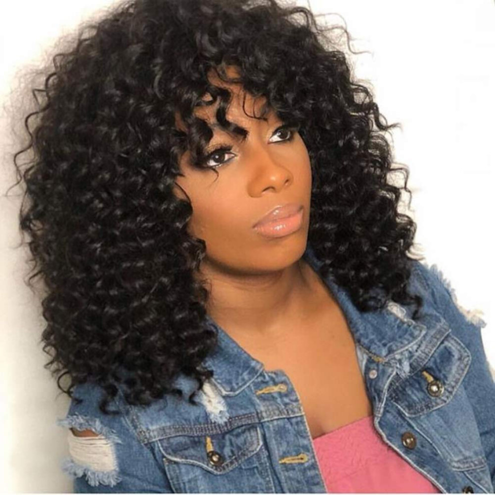 Unisex Black Curly Human Hair Wig With Bangs Brazilian Virgin Glueless 150 Density Natural 20 Inch