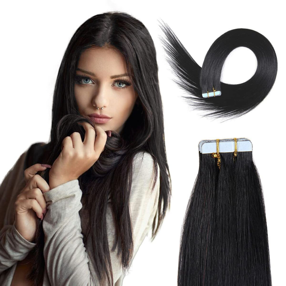 Unisex Black 24 Inch Tape In Remy Human Hair Extensions Seamless Skin Weft Jet Straight 50G