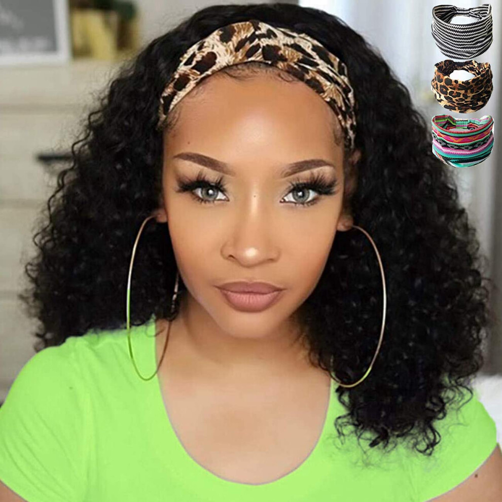 14 Inch Curly Headband Wig Human Hair Glueless No Lace Front Natural Texture for Black Women