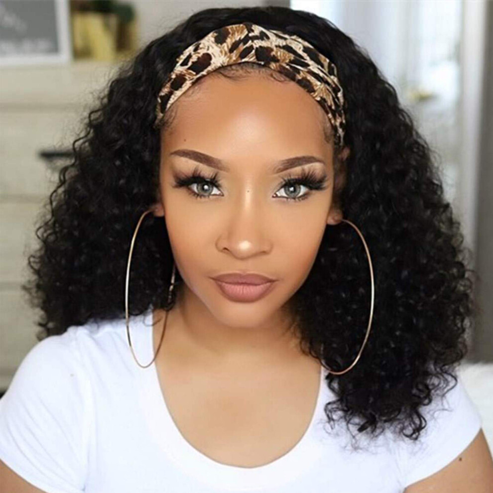 Unisex Black Headband Wig Human Hair Brazilian Virgin Kinky Curly 18 Inch 150% Density For Women