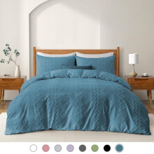 Queen Duvet Cover Set Navy Blue Boho Reversible Tufted Geometric Design with Zipper and Pillowcases