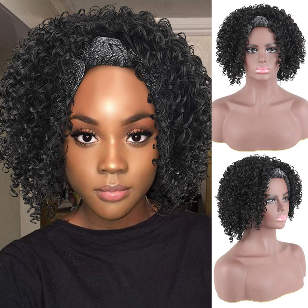 Unisex Black Headband Wig Afro Curly 10 Inch Synthetic For Women With Adjustable Fit And Natural Look