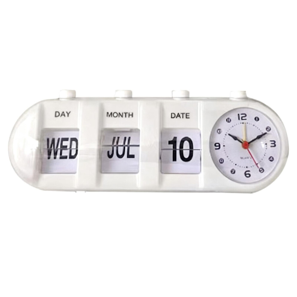 Retro Flip Clock With Date And Day Display, Silent Desk Alarm Calendar, White