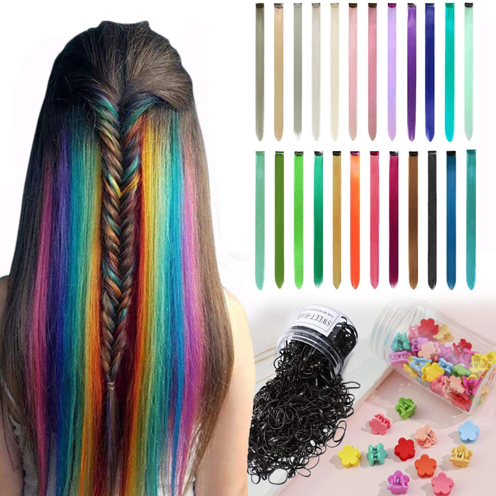 24 Pcs Rainbow Clip In Hair Extensions, HeatResistant Colored Hairpieces for Women and Girls