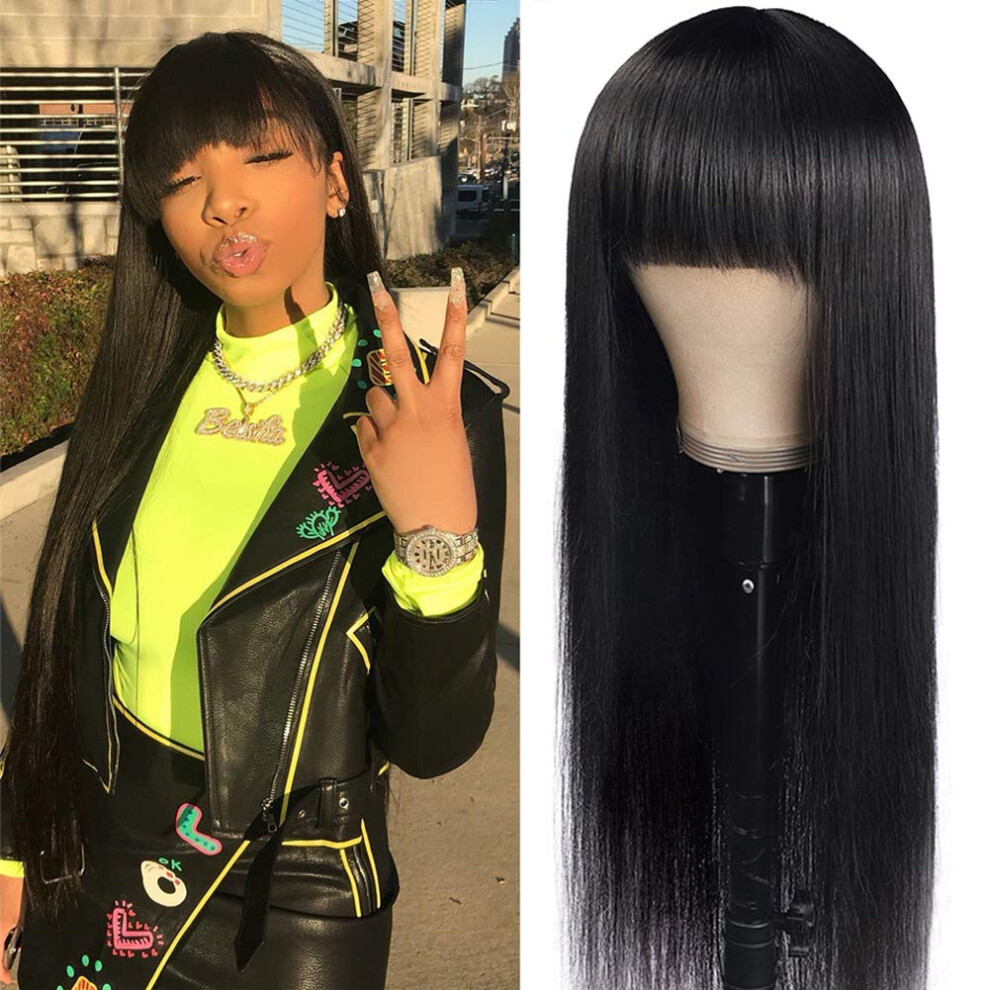 Unisex Straight 14 Inch Brazilian Remy Human Hair Wig With Bangs Glueless Pre Plucked Natural Hairline