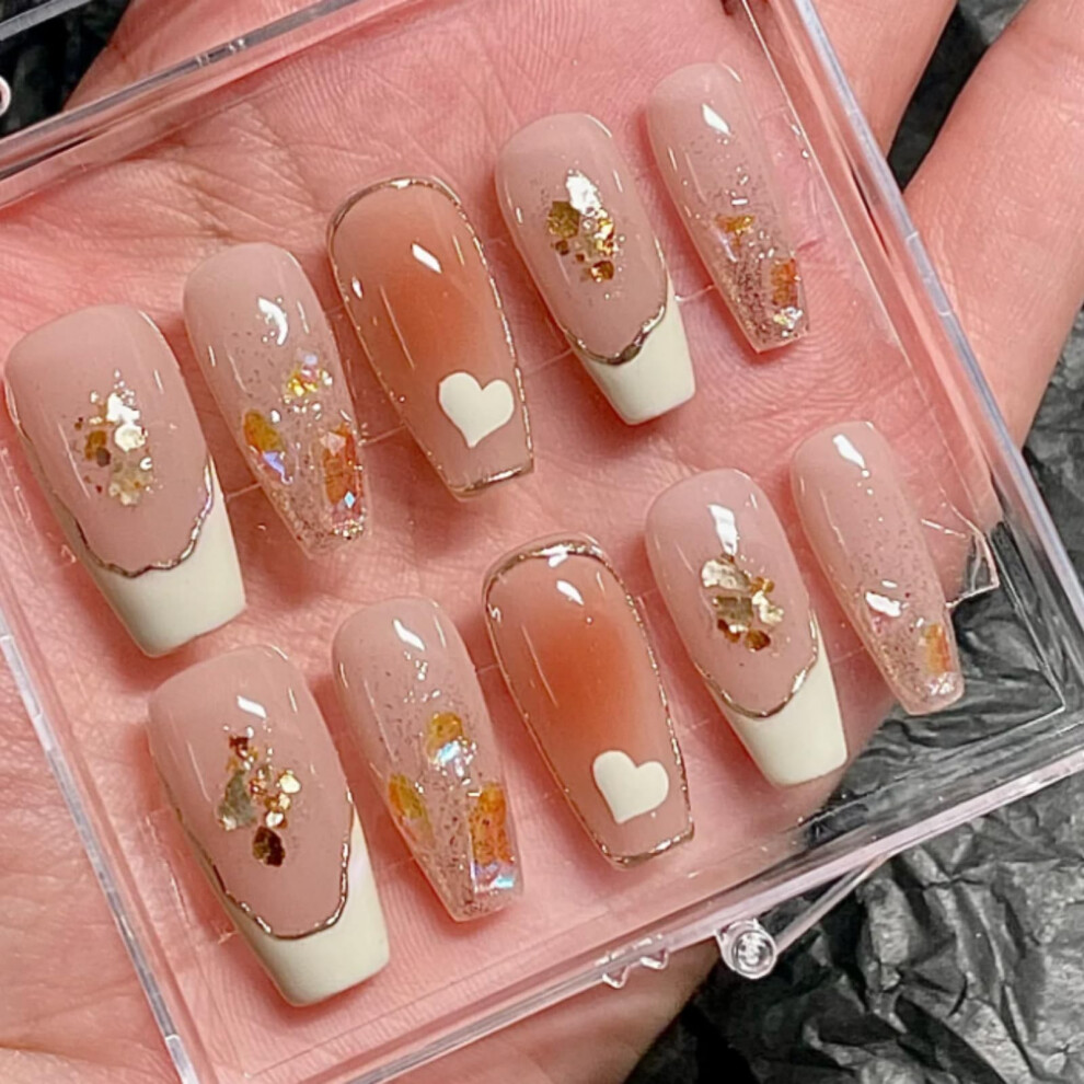 French Tip Press On Nails Set, 10pcs Reusable Square Fake Nails with Quick StickOn Application