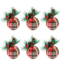 Giyblacko Christmas Hanging Ornaments Shatterproof Ball Ornaments With Pinecones & Greenery 6pcs Buffalo Plaid Ball Ornaments Black Red Burlap