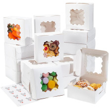 20 Pcs White Small Cake Boxes with Window 5.9x5.9x3 Inch, Paper Cookie Boxes with 20 Pcs Thank You Stickers for Desserts, Chocolate, Candy Packaging
