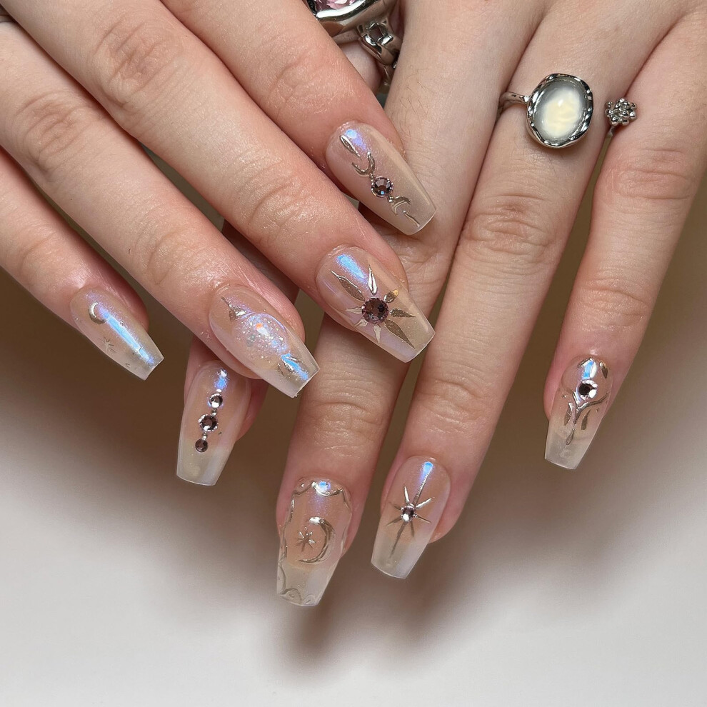 Silver Coffin Press On Nails With Glue Chrome Swirl Rhinestone Design 24Pcs Multiple Sizes