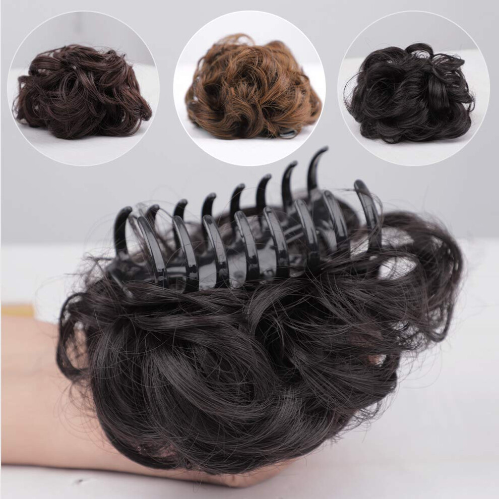 Unisex Black,Brown Hair Bun Extension With Claw Clip, Messy Curly Black Brown, Instant Volume, Natural Wavy Look