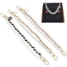 3 Colors Pearl Purse Chain 10.19" Double Strand Handle for Evening Bags, Short Metal PU Leather Clutch Strap with Enamel Flower Charm