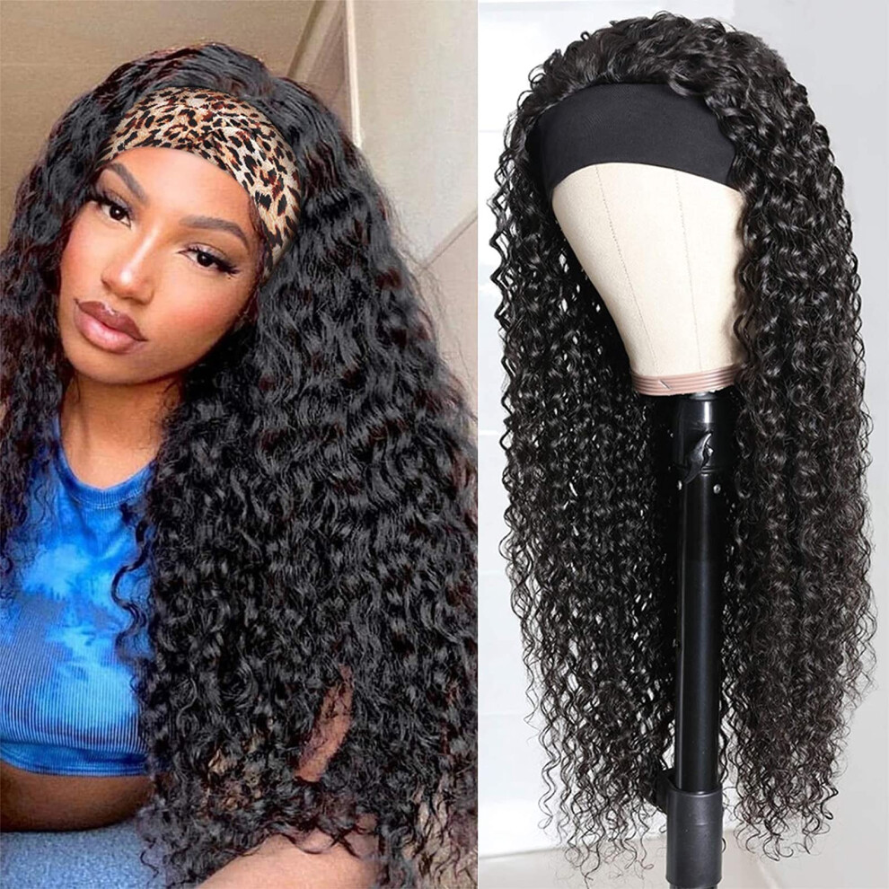Unisex Black 18 Inch Curly Headband Wig Natural Human Hair Glueless Readytowear For Women