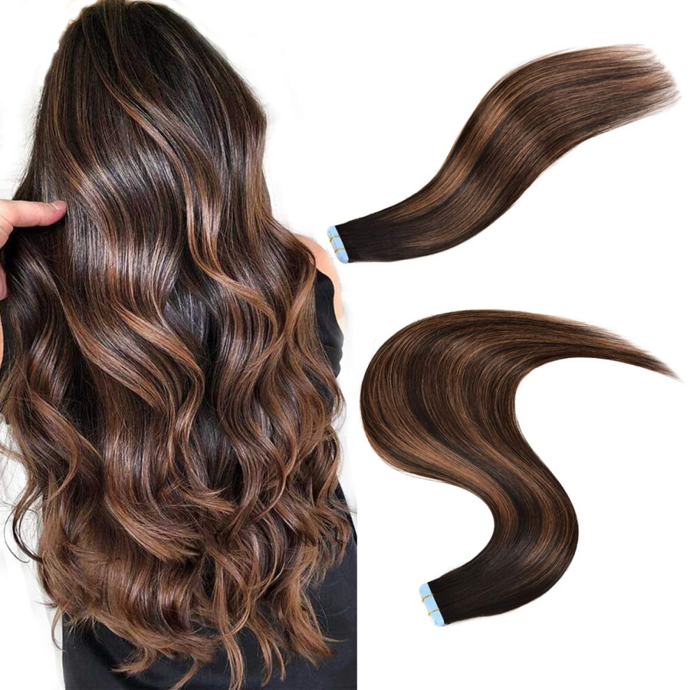 Unisex Black,Brown 16 Inch Tape In Remy Human Hair Extensions Ombre Black Chestnut Brown Silky Straight 20Pcs 50G