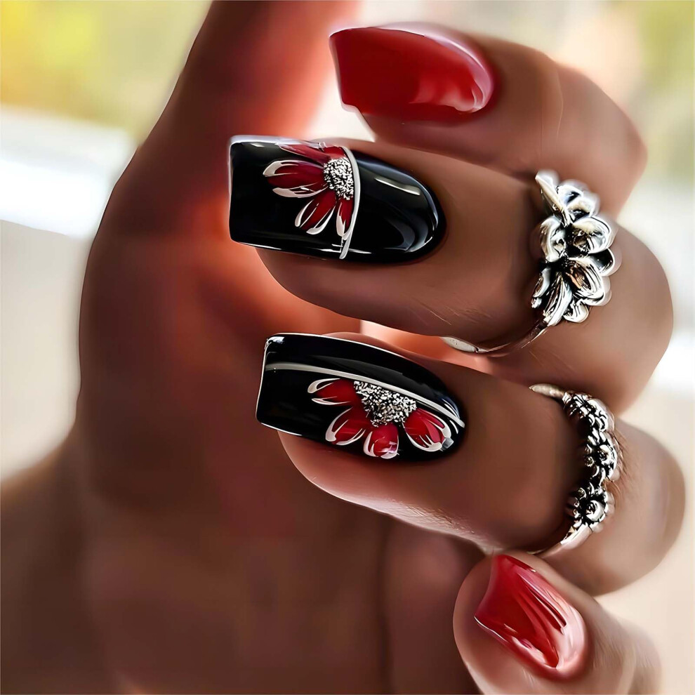 Red French Style Press On Nails Medium Square Glossy Acrylic Fake Nails With Glitter Flowers 24Pcs