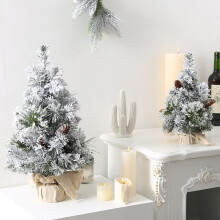 Snow Flocked Tabletop Christmas Tree, Pre-lit Artificial Mini Christmas Tree, Burlap Base, for Indoor Office Deration