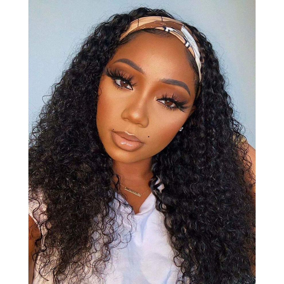 Unisex Black Deep Curly Human Hair Headband Wig 32 Inch Brazilian Virgin Glueless Natural Hairline For Women