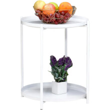 WSYW 2Tier End Table Metal Side Table Nightstand Round Accent Coffee Table with Removable Tray White