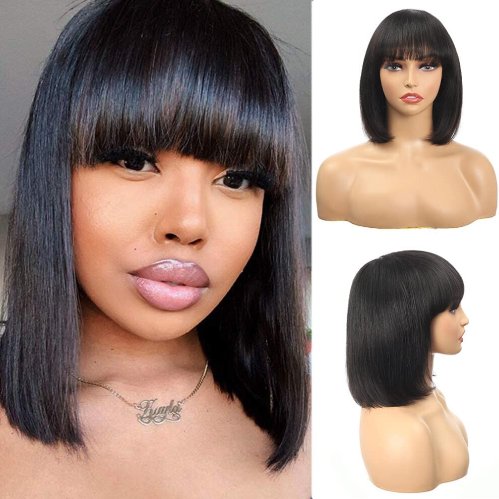 Unisex Black 14 Inch Human Hair Bob Wig With Bangs Straight Brazilian Virgin Hair Glueless For Women