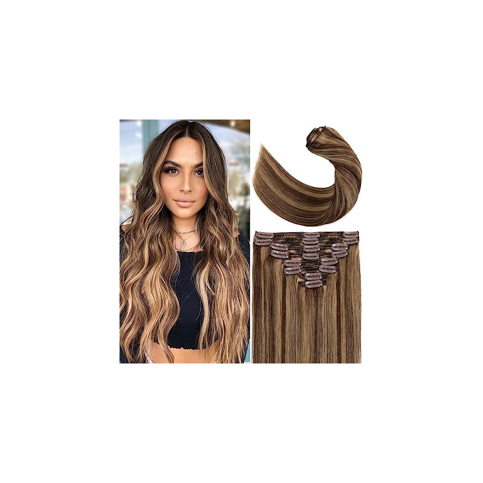 Unisex Brown Clip In Human Hair Extensions 20 Inch Balayage Medium Dark Blonde Double Weft Remy