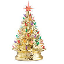 Hand Painted Ceramic Christmas Tree, Gold 15-Inch Pre-Lit Tree with 128 Multi Color Lights and 2 Star Toppers for Home, Indoor, Bedroom