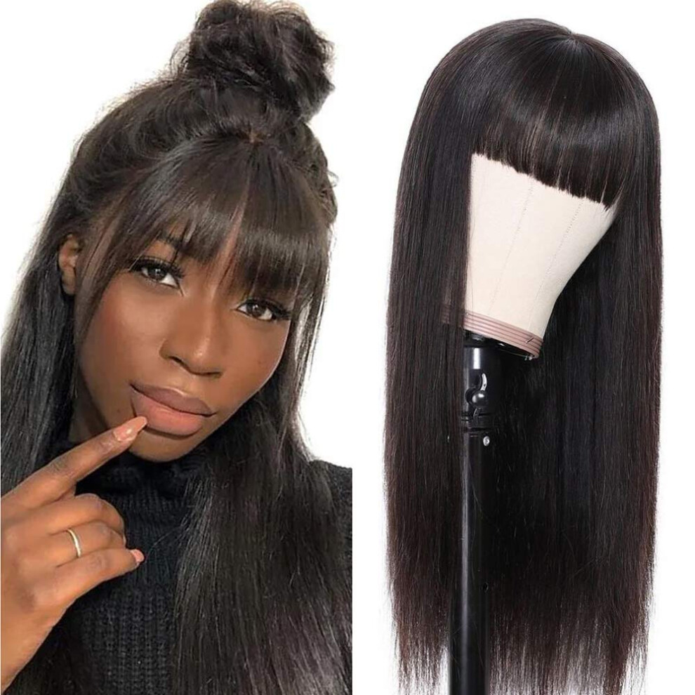 Unisex Black 20 Inch Straight Human Hair Wig With Bangs Glueless Brazilian Remy Full Wig For Women